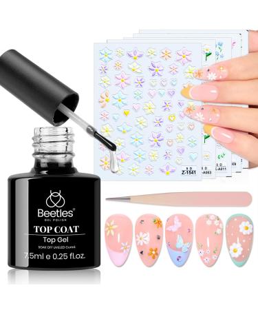 beetles Gel Polish Gel Top Coat with 5 Sheets Nail Stickers No Wipe Top Coat UV LED Needed & 5D Embossed Flower Nail Art Stickers Self-Adhesive with Nail Tweezer Pegatinas U as for Girls Women 1-Top Coat & Stickers Garden Walk