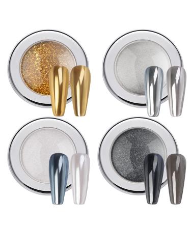 PrettyDiva Shine Bright with Chrome Nail Powder Set - 4 Jars of Nail Art Mirror Glitter Effect Chrome Pigment Powder in Gold  Silver  Black  and White Metallic Collection