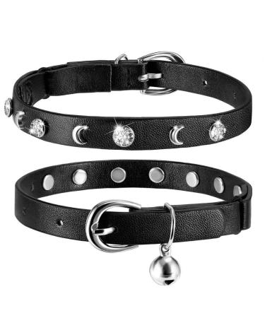 Leather Cat Collars Bell ,Cats Safety Collar with Elastic Strap, Adjustable Kitty Collar for Cats, Personalized Moon & Rhinestone 7-10 Inch Length for Cats, Kitten & Puppy (1 Pack Black)