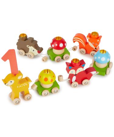 Bieco wood birthday train forest animals with numbers 0-9 years |17 tlg. Length approx. 59 cm |Candle birthday train |Wood railway children birthday train woodPay birthday candles |Wooden train