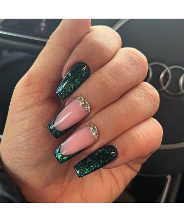 Green Fake Nails French Tip Press on Nails Coffin Acrylic Nails Medium False Nails with Rhinestone Design Glitter Stick on Nails Full Cover Artificial Nails Glossy Medium Glue on Nails for Women Girls L6
