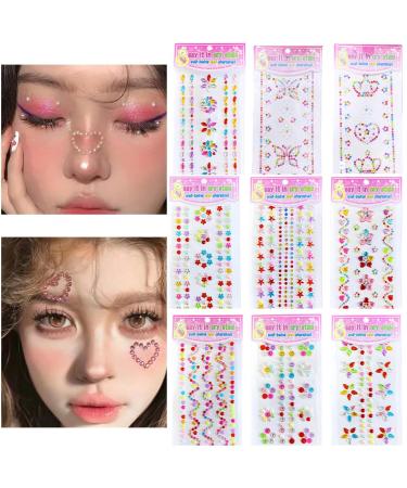 Face Gems Face Rhinestones Gem Stickers for Makeup Self Adhesive Face Jewels 10 Sheets Mixed Shape Crystal Pearl Stick On Eye gems Pearl Rhinestones Stickers for Face
