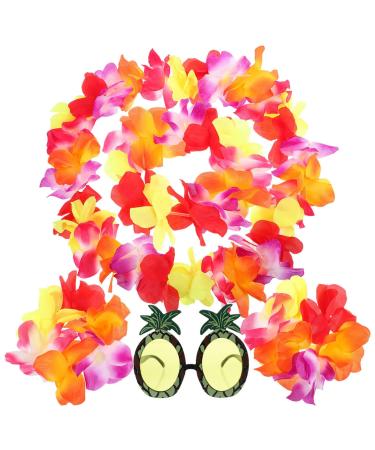GALPADA 1 Set Pineapple Sunglasses and Hawaiian Leis Set Luau Flower Leis Necklace Headbands and Wristbands for Tropical Hawaiian Beach Party Decorations Birthday Party Favors