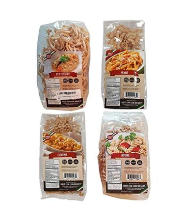 4 Pack Assortment Low Carb Pasta, Fettuccine, Rotini, Penne, and Elbows, Great Low Carb Bread Company