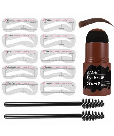 Eyebrow Stamp Shaping Kit - Long Lasting Buildable Eyebrow Makeup Professional Eyebrow Brown Black Powder, 10 Reusable Eyebrow Stencils, 2 Eyebrow Pen Brushes, Dark Brown Definer Sets Gifts for Women
