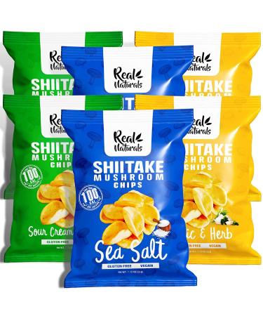 Shiitake Mushroom Chips - (6 pack) - Vegan Prawn Crackers Less than 100 calories Gluten Free mushroom snack. Variety pack - Sea Salt Sour Cream & Onion Garlic & Herbs flavour (6 pack)