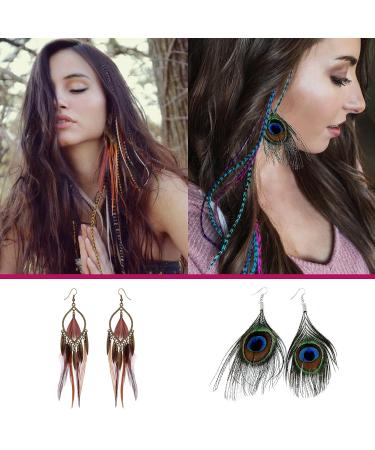 Feather Hair Extensions Kit: 16 Inches 50 Strands Colored Hair Extensions with Rooster & Peacock Feather Earrings - Ideal Christmas Hair Accessories for Women and Girls - Buy Online on SooperMarket.com