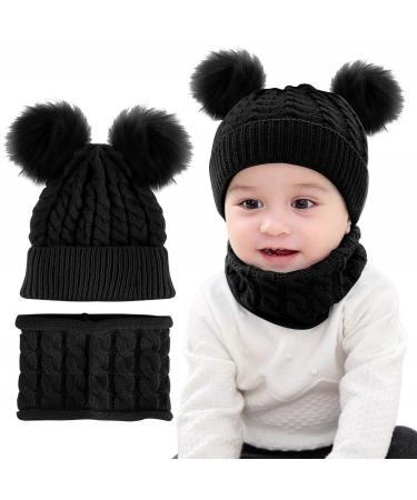 CheChury Toddler Hat and Scarf Set Baby Warm Knit Pom Beanie Cap with Circle Loop Scarf Neckwarmer 1-3 Years #2 Black