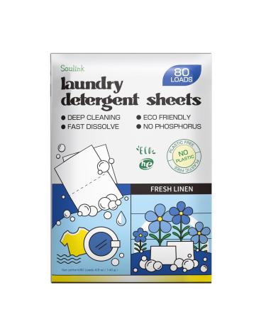 Soulink Laundry Detergent Sheets Up to 80 Loads Eco Friendly Detergent Strips for Travel & Home - No Plastic Jug Soap sheets Plant-based Hypoallergenic. Safe for Sensitive Skin (Fresh Linen) Fresh Linen 80 Count (Pack of 1)