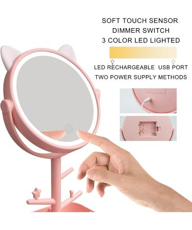 Touch-Screen Vanity Mirror with Lights & Desk Mirror Lights, Portable HD Cosmetic Lighted Mirror - Pink - Buy Online on SooperMarket.com
