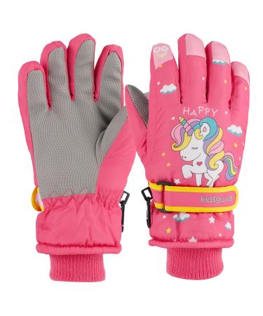 KAKU NANU Kids Ski Gloves Mittens Waterproof Ice Skating Gloves Children's Winter Warm Snow Gloves Thermal Fleece Gloves For Boys Girls Pink Purple Blue Cartoon 2-10 Years Pink-1 6-10 Years
