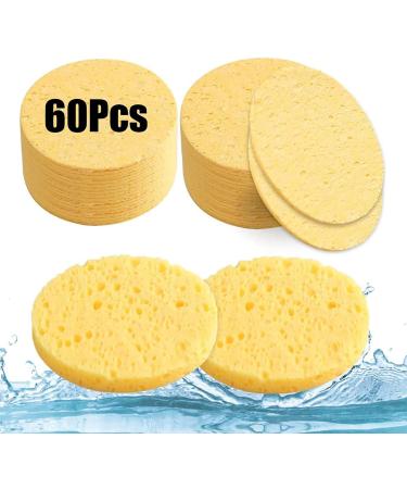 60 Count Compressed Facial Sponges 2.5Inch Yellow Wash Face Sponge Natural Wood Pulp Cotton Facial Washing Sponge Cleansing for Makeup Removal