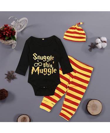 Baby Snuggle This Muggle Bodysuit Set 6-9 Months | Black Long Sleeve Outfit with Striped Pants & Hat - Buy Online on SooperMarket.com