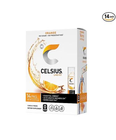 CELSIUS On-the-Go Powder Stick Zero Sugar, Orange, 2.6 Oz (14 Sticks per Pack)