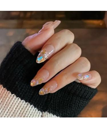Hkanlre Bling Coffin Press on Nails Fake Nails Tips Full Cover Medium False Gradient Nails for Women and Girls 24PCS (Almond Bling)