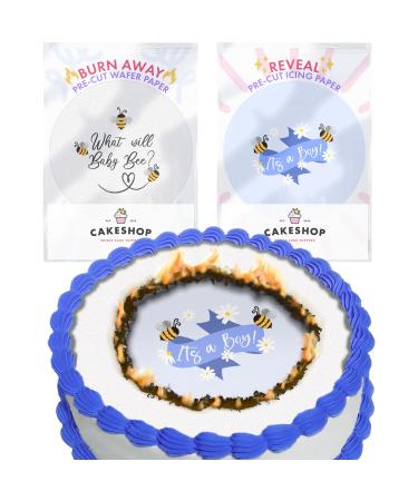Cakeshop Burn Away Edible Cake Topper Pack | 1 x Icing sheet & 1 x Wafer Sheet | Cute it s a Boy Gender Reveal Bee Theme | Personalise With Your Custom Text | Multiple Shapes & Sizes to Choose Non-prime
