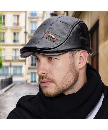 Men's Adjustable PU Leather Ivy Cap - Classic Golf Flat Cap for Driving and Fishing - Black - Buy Online on SooperMarket.com