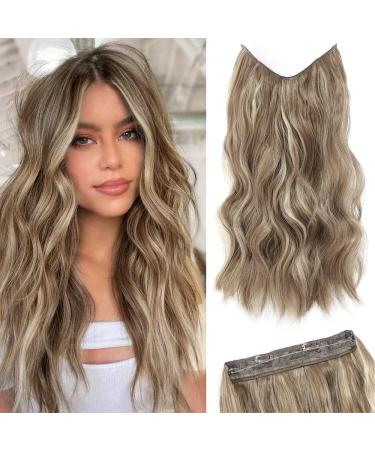 Hair Extensions Synthetic Invisible Wire Hair Extensions Bright Blonde Highlights Long Clip in Wave Curly Secret Hairpiece for Women with Transparent Fishing Line Stress-Free Adjustable Size 2 Secure Clips 16 Inch 16 Inc...