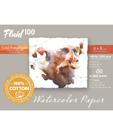 Fluid 100 Artist Watercolor Block, 140 lb (300 GSM) 100% Cotton Cold Press Pad for Watercolor Painting and Wet Media w/ Easy Block Binding, 6 x 8 inches, 15 Sheets 6 x 8 BLOCK 100% Cotton Natural White
