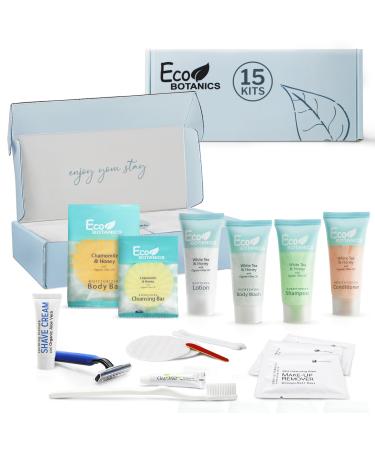 Eco Botanics Amenity & Accessory Kit | 0.85 oz Travel Size Shampoo Conditioner Lotion Body Wash Body Bar Cleansing Bar Shave & Dental Sets Make-Up Remover Wipes & Vanity Kit | 15 sets per case 75 PIECES (BOXED WITH ACCESSORIES)