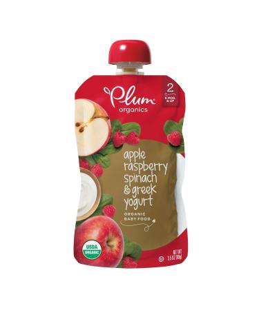 Plum Organics Baby Food Pouch | Stage 2 | Apple, Raspberry, Spinach and Greek Yogurt | 3.5 Ounce | 12 Pack | Fresh Organic Food Squeeze | For Babies, Kids, Toddlers