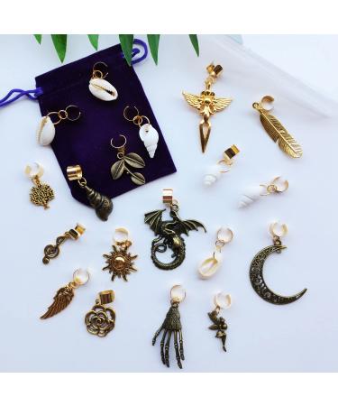 19 PCS Adjustable Hair Cuffs & Charms for Braids | Gold Hair Jewelry Set | Sun Moon Pterosaur Wing Shell Rose Leaf Hair Pendants | DIY Dreadlock Accessories - Buy Online on SooperMarket.com