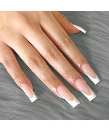 French False Nails - 24PCS Gloss Nude White Square Press on Nails with Jelly Glue | Long Square White Fake Nails for Women & Girls - Buy Online on SooperMarket.com