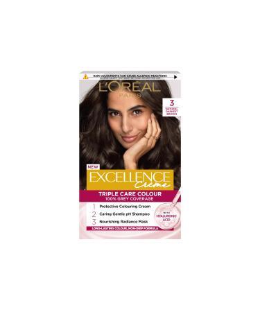 L'Or al Paris Excellence Cr me Permanent Hair Dye Radiant At-Home Hair Colour with up to 100% Grey Coverage Pro-Keratin Up to 8 Weeks of Colour Colour: 3 Natural Darkest Brown