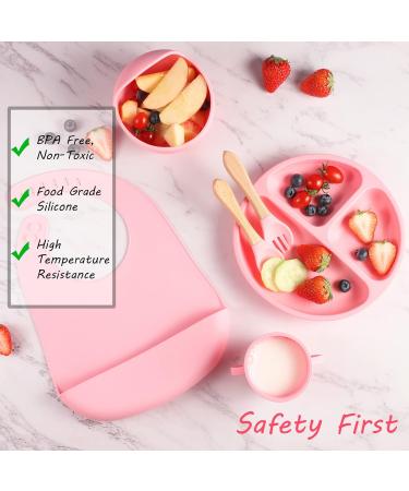 6-Piece Silicone Baby Weaning Set in Pink | Bib, Plate, Bowl, Cup, Fork & Spoon for Babies, Toddlers & Kids - Buy Online on SooperMarket.com