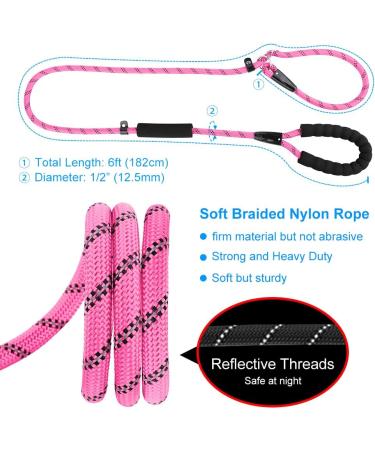 PLUTUS PET Dog Slip Lead Anti-Choking 6ft Pink - Reflective Two Handles Heavy Duty Training Lead for Medium Large Dogs - Buy Online on SooperMarket.com