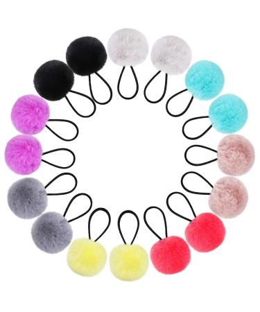 Pom Hair Ties Pompom Ball Elastic Hair Band Fur Ball Fluffy Ponytail Holders for Women Girl Kids Hair Accessories (16 Pieces Color Set 2)