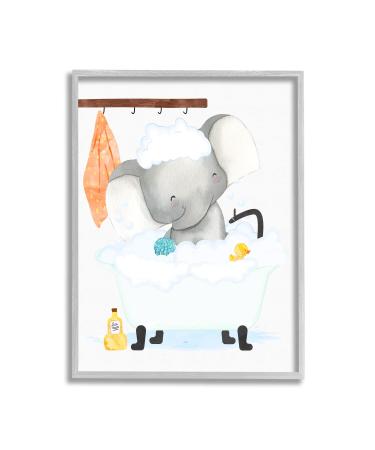 Stupell Industries Children's Baby Elephant Bubble Bath Rubber Duck Bathroom Grey Framed Wall Art  White