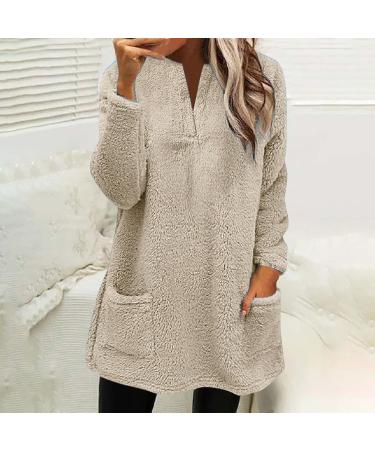 AMhomely Women's Double Fleece Hoodie | Plus Size Soft Teddy Fleece Jumper | V Neck Sweatshirt with Pocket | Winter Lounge Top | Khaki XXL - Buy Online on SooperMarket.com