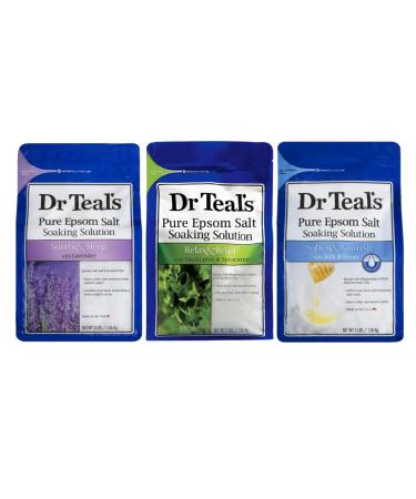 Dr. Teals Mothers Day Salt Bath Variety Gift Set (3 Pack 3lbs Ea.) - Soothe & Sleep Lavender Relax & Relief Eucalyptus & Spearmint and Soften & Nourish Milk & Honey - Blended with Pure Epsom Salt