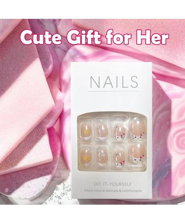 Cute False Nails French White Kitty Stick on Nails 24pcs Short Square Press On Nails with Glue Kitty Design Sweet Fake Nails for Kids Women Girls Maggidea Press On Nail (French Kitty) - Buy Online on SooperMarket.com