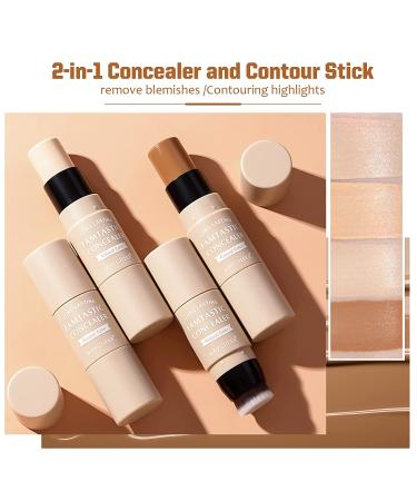 ONLYOILY 2 Pcs Contour & Highlighter Stick Set with Brush | Longwear Foundation & Bronzer | Smooth & Easy Blending Face Makeup - Buy Online on SooperMarket.com