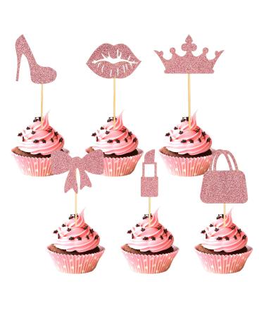 24pcs Princess Cupcake Toppers Glitter Pink Cupcake Decoration Lipstick High Heel Crown Lip Handbag Bow Cake Topper for Birthday Wedding Baby Shower Bachelorette Party Supplies