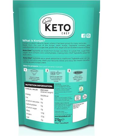 Keto Chef Free-from Konjac Tagliatelle - Vegan & Sugar Free Instant Pasta | Zero Carb Shirataki Made of Konjac Flour & Oat Fiber | Ready to Eat (270g) - Buy Online on SooperMarket.com