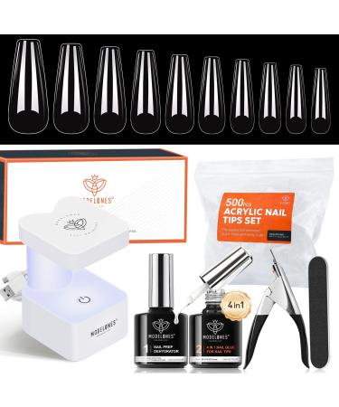 Modelones Nail Tips and Glue Gel Kit, Gel x Nail Kit 4 in 1 Nail Glue Gel, Ultra-Portable LED Nail Lamp, with 500Pcs Coffin Nail, Nail Prep Dehydrate, and DIY Nail Art Tools Gel Nail Extension Kit A-Coffin Tips 500