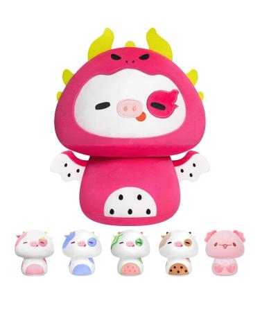 Mewaii 14'' Soft Cow Mushroom Pillow Stuffed Animal Plush Plushie Squishy Toy (Dragon Fruit Headgear) - Cuddly Cow Plush for Kids Dragon Fruit Headgear 14 Inch