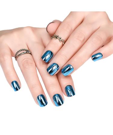 iMABC Press On Nails Blue Metallic Mirror Nails Squoval Medium Lenght False Nails Salon Manicure Fake Nail Art Tips Women Girls Reusable Acrylic Stick On Nails for Office Home Party