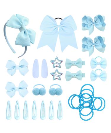 SKHAOVS 33 Pieces Sky Blue Girls School Hair Accessories Kit Girls Hair Accessories Set Ribbon Style Bow Bobbles Headband Large Cheer Bow Hair Accessories Girl Teen Toddler Birthday Gift (Sky Blue)