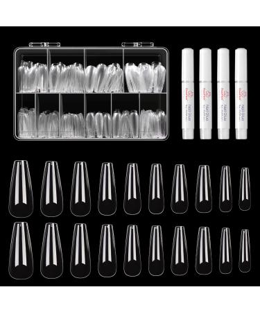 Beetles Long Coffin Fake Gel Nail Tips - 500Pcs Acrylic Press on Nails Clear Artificial False Nails with Nail Glues for Acrylic Nail/Dip Powder Nails/Poly Nail Extension Gel Halloween Nails Art Design A-Long Coffin Nail Ti