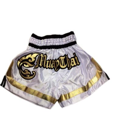 Woldorf USA MMA Boxing Muay Thai Shorts in Satin White Black Gold cutt Letters Small