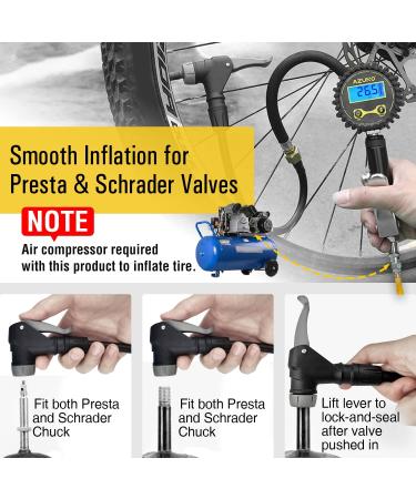 AZUNO Bike Tire Inflator with Pressure Gauge - Universal Presta and Schrader Chuck for Bicycle Air Compressor - Buy Online on SooperMarket.com