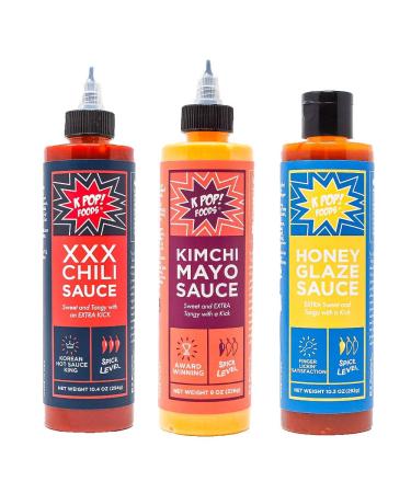 KPOP Foods K-TOWN Korean BBQ Sauce Set. Includes: (1) Kimchi Spicy Mayo Sauce, (1) XXX BBQ Hot Sauce, and (1) Honey Glaze Wing Sauce. Using Real Gochujang Korean Chili Paste. Cook Traditional Korean Food or Use as BBQ Sauc