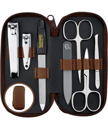 Marqus manicure set ladies and gentlemen Solingen made in germany 7 parts with patented glass files for hand and foot care - real leather etui handy and soft 7. brown