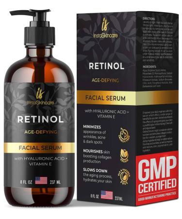 Retinol Serum for Face with Hyaluronic Acid + Vitamin E and A + Aloe Vera (8Oz) - Anti-Aging Serum Pore Tightener Fade Dark Spots Clinical Strength Formula by InstaSkincare Retinol Serum 8Fl Oz