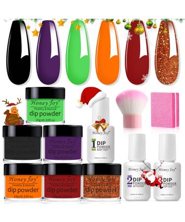 Dip Powder Nail Kit Starter 6 Colors Halloween Orange Black Fine Dipping Powder Essential Liquid Set with Base Top Coat Activator for French Nail Art Manicure No LED Nail Lamp Needed Dip-9pcs-02