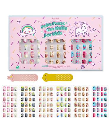144Pcs Kids Press on Nails Children Girls Press on Short Artificial Fake Nails No fading Stable Quick Stick on Cute Pre Glue Full Cover Acrylic Nail Tip Kit Gift for Kids Nail Decoration (Bear)